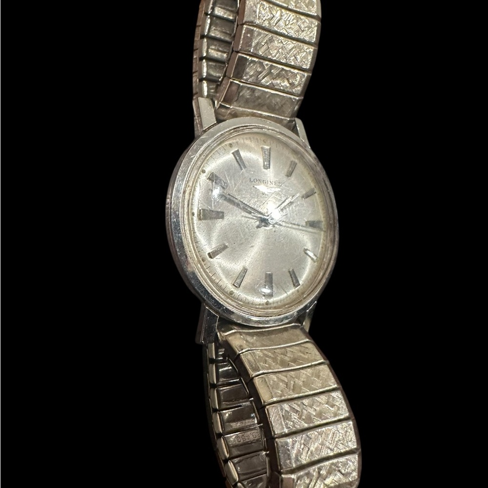 Longines Silver Watch With Patterned Strap - image 3